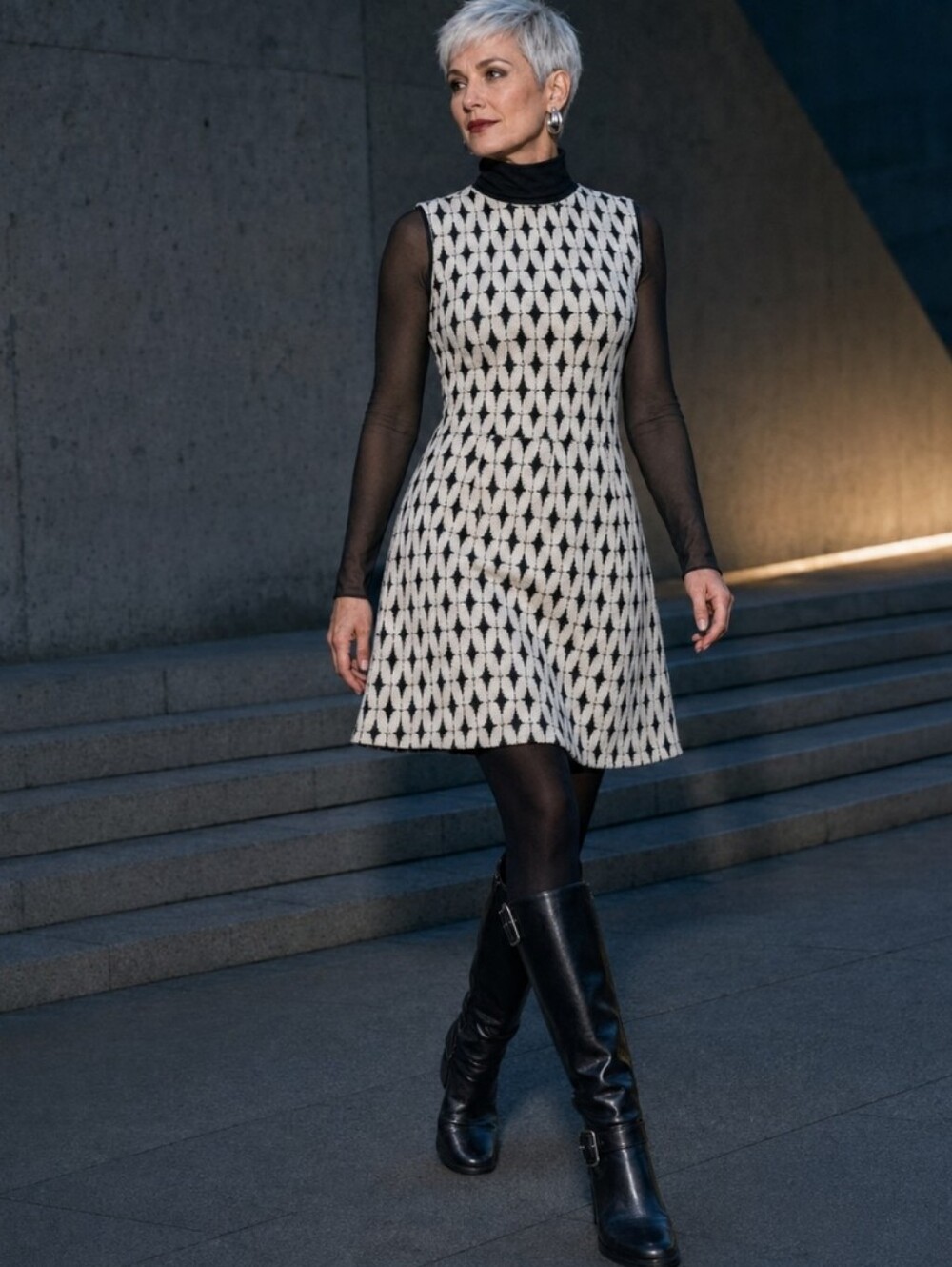 Renee C Geometric Print Dress M Textured Knit Black Cream Fit Flare Made In USA